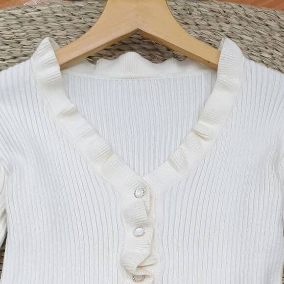 White Ruffle Trim Ribbed Knit Cardigan Crystal Button - Picture 2 of 4